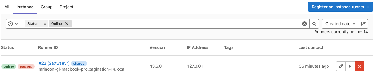 Attributes of a runner, with the **Search or filter results...** field active