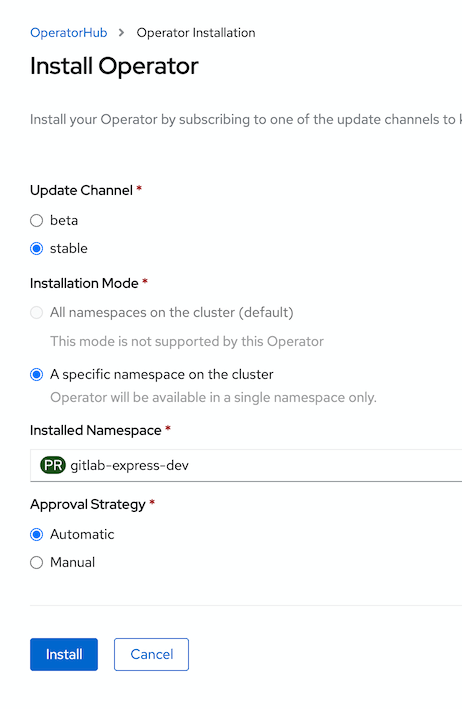 GitLab Operator Install Page